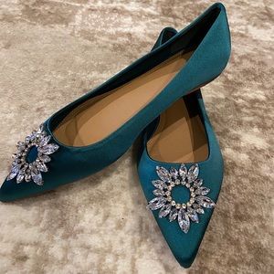 ASOS Teal Satin Flats with brooch